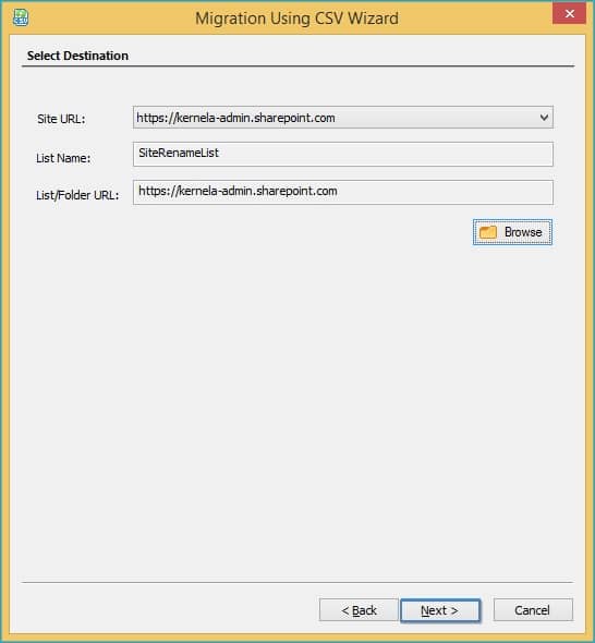 completing the required information for the destination SharePoint